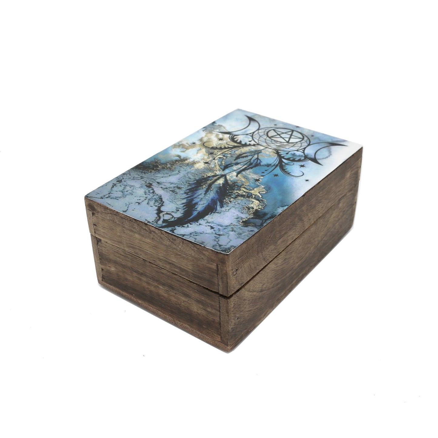 Wooden Storage Box (6 x 4 in.) - Blue Dream Catcher (Brown)