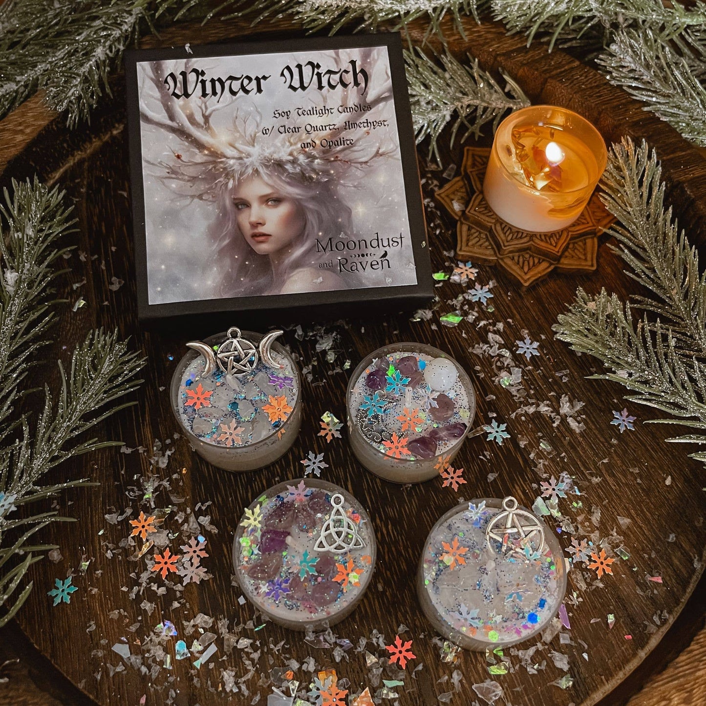 Winter Witch Tealight Crystal Candles, Yule, Winter Solstice