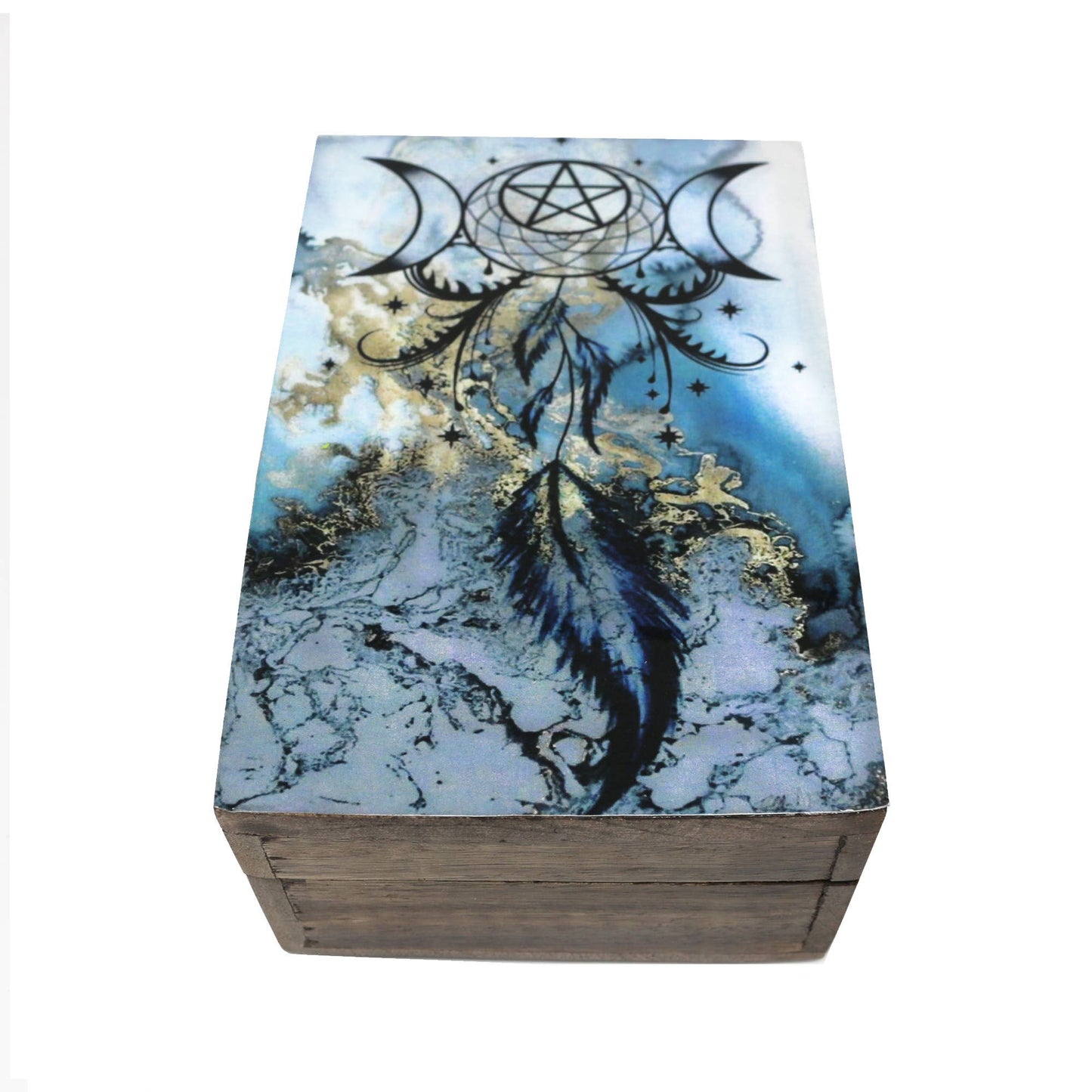 Wooden Storage Box (6 x 4 in.) - Blue Dream Catcher (Brown)