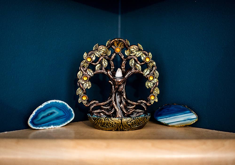 Polyresin Backflow Incense Burner - Tree of Life w/ Gems