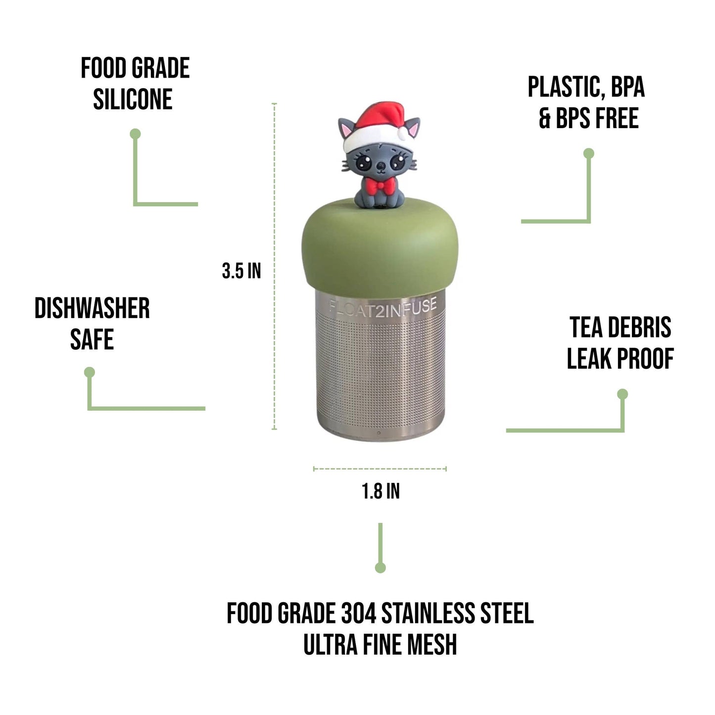 Christmas Cat | Floating Tea Steeper | Green Base | Grey Cat