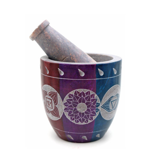 Soapstone Mortar & Pestle - Multi Color 7 Chakras (Tall)