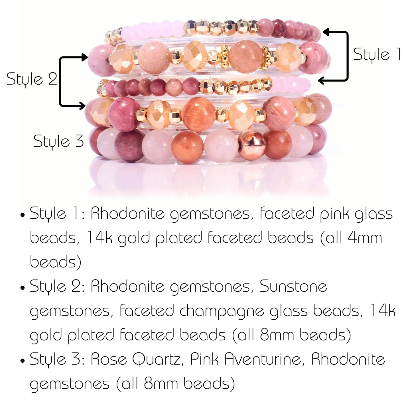 Love & Light Rhodonite Sunstone RoseQuartz BYOB Bracelet Set: #3 - Rose Quartz - Pink Aventurine - Rhodonite (8mm beads)