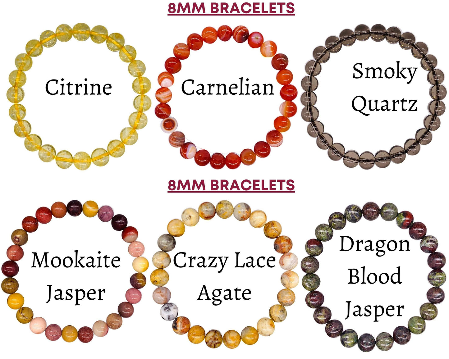 Crystal Bracelet for Women Men, 8mm, 4mm Bead Bracelet Stack: Crazy Lace Agate / 8mm Bead Size