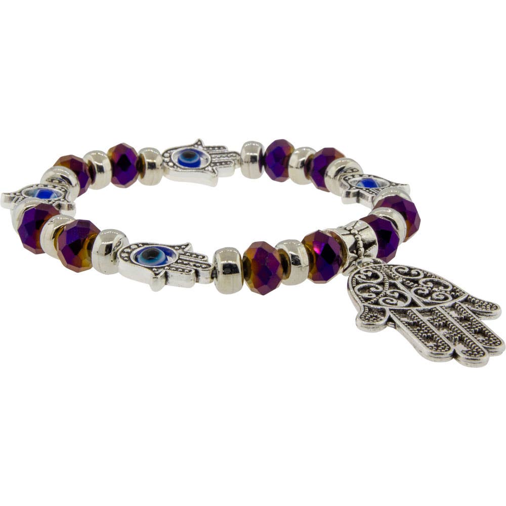 Glass Beads Elastic Bracelet Purple w/ Evil Eye Fatima Hand