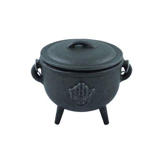 Hand of Hamsa Cast Iron Cauldron w/ Lid (4.5 in.)