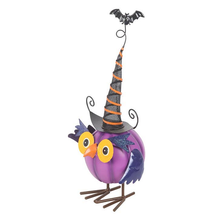 Purple Metal Owl Halloween Decoration with Witch Hat