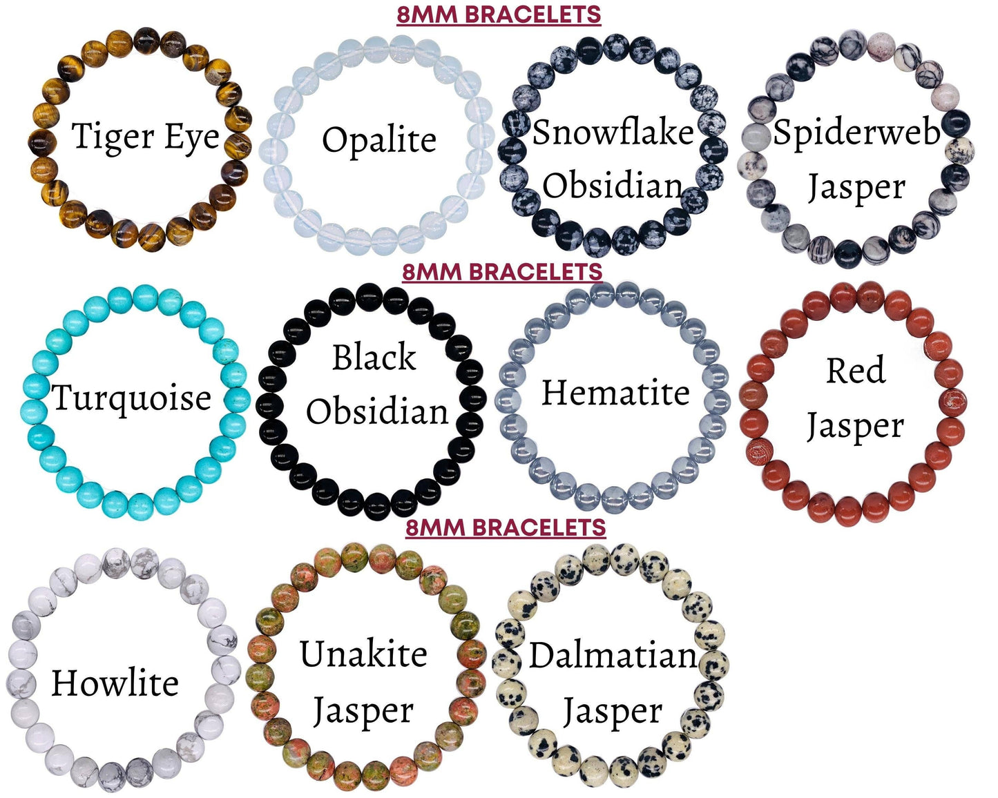 Crystal Bracelet for Women Men, 8mm, 4mm Bead Bracelet Stack: Tiger Eye / 8mm Bead Size