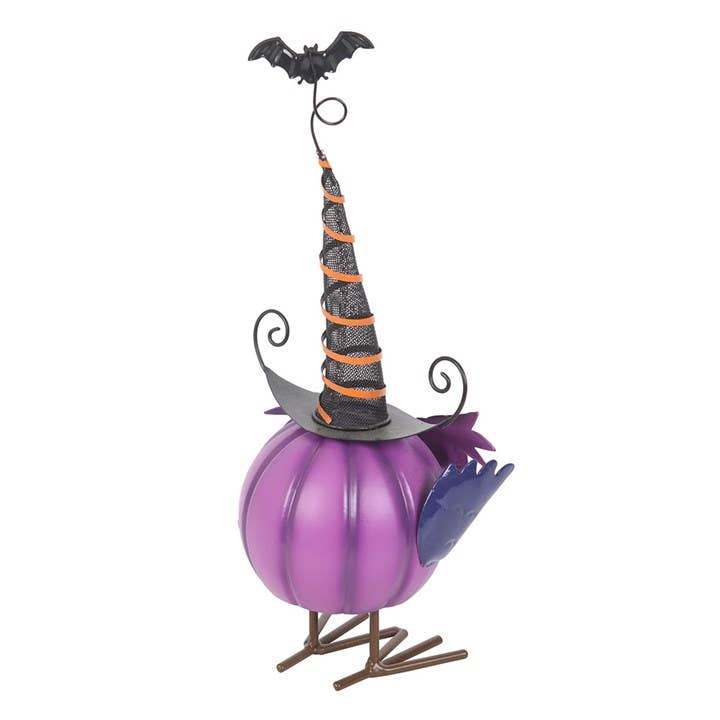 Purple Metal Owl Halloween Decoration with Witch Hat