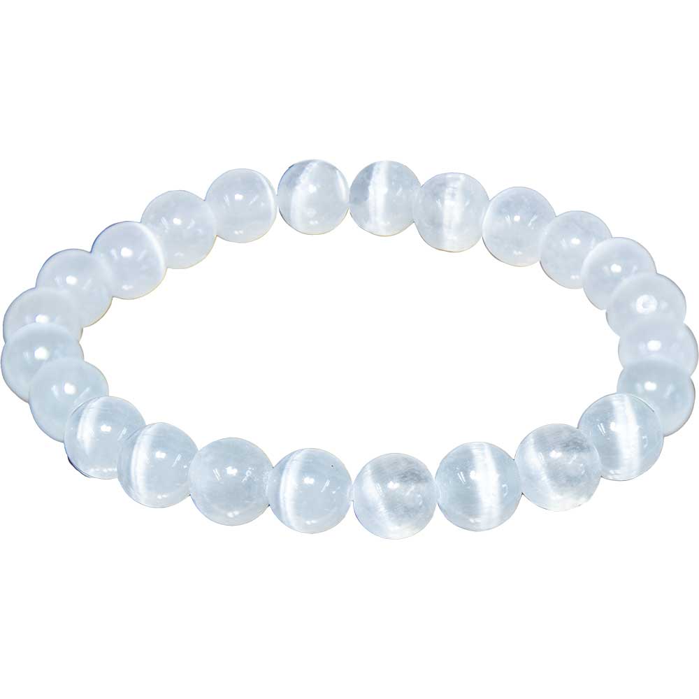 Elastic Bracelet 8mm Round Beads - Satin Spar/Selenite