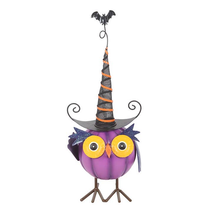 Purple Metal Owl Halloween Decoration with Witch Hat