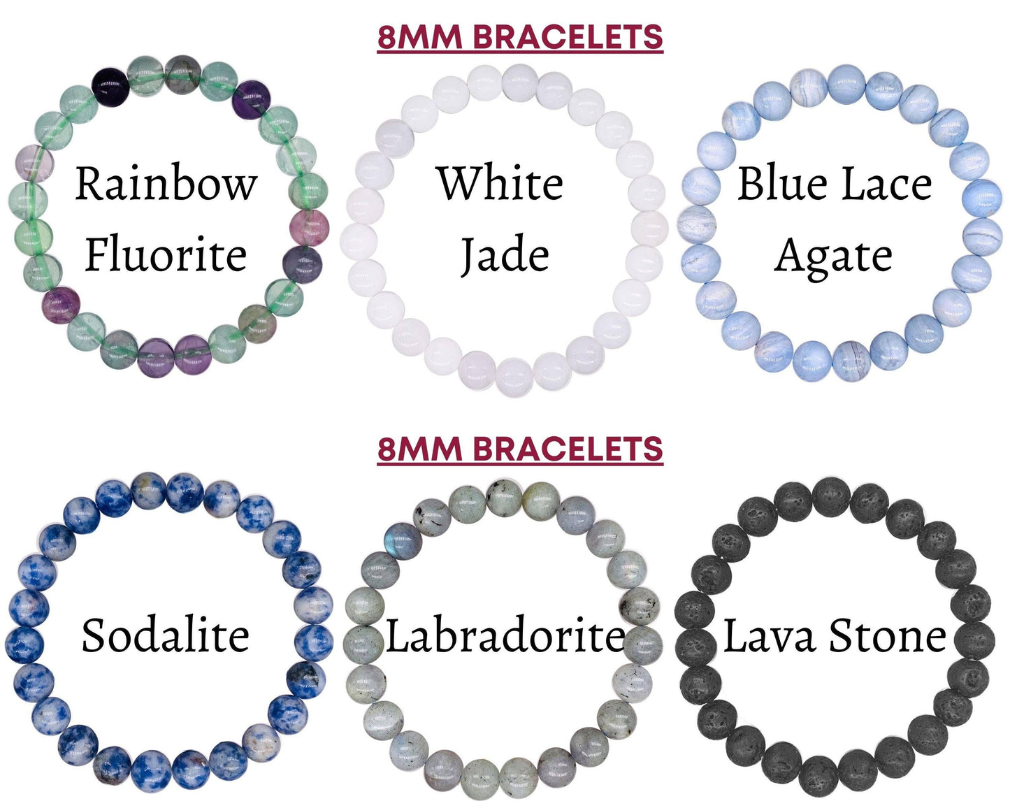 Crystal Bracelet for Women Men, 8mm, 4mm Bead Bracelet Stack: Rhodonite / 8mm Bead Size