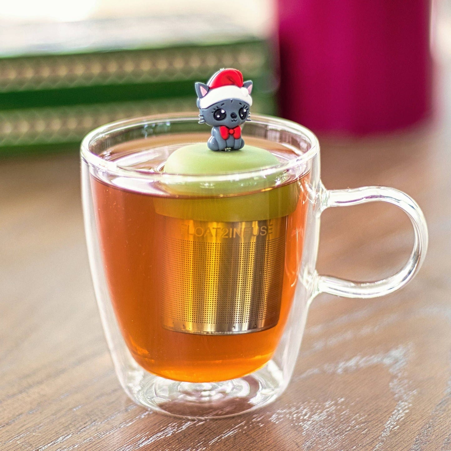 Christmas Cat | Floating Tea Steeper | Green Base | Grey Cat