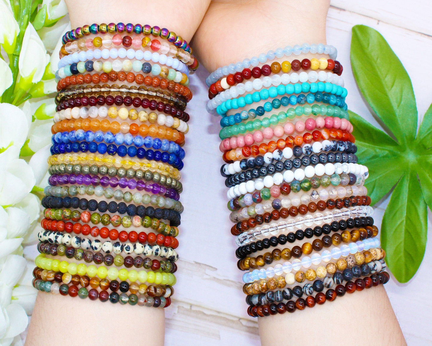 Crystal Bracelet for Women Men, 8mm, 4mm Bead Bracelet Stack: Black Obsidian / 8mm Bead Size