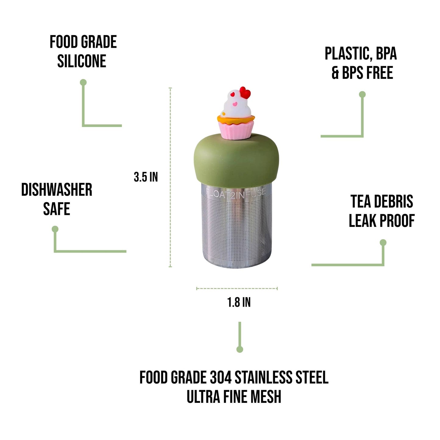Pink Cupcake | Floating Tea Steeper | Green Base | Pink