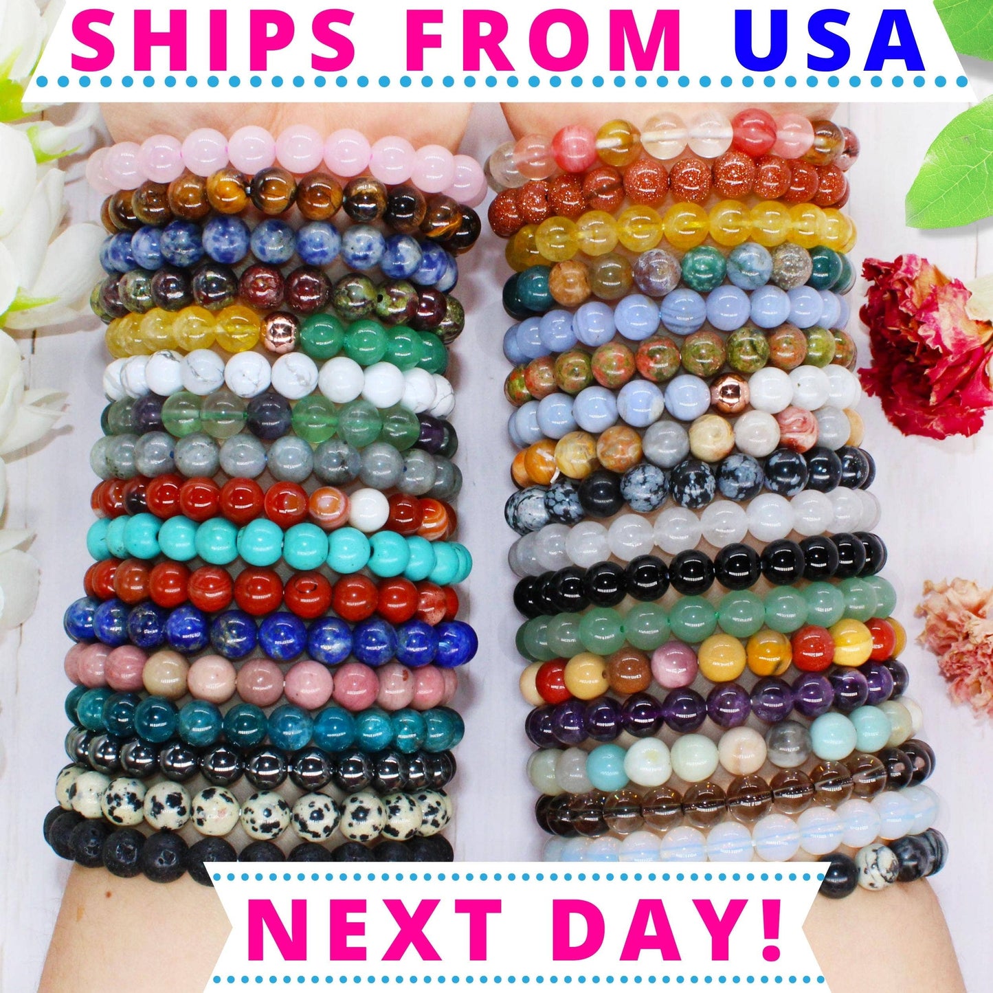 Crystal Bracelet for Women Men, 8mm, 4mm Bead Bracelet Stack: Clear Quartz / 8mm Bead Size