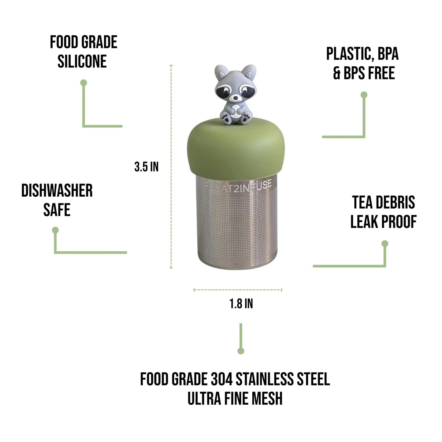 Racoon | Floating Tea Steeper | Green Base | Grey Racoon
