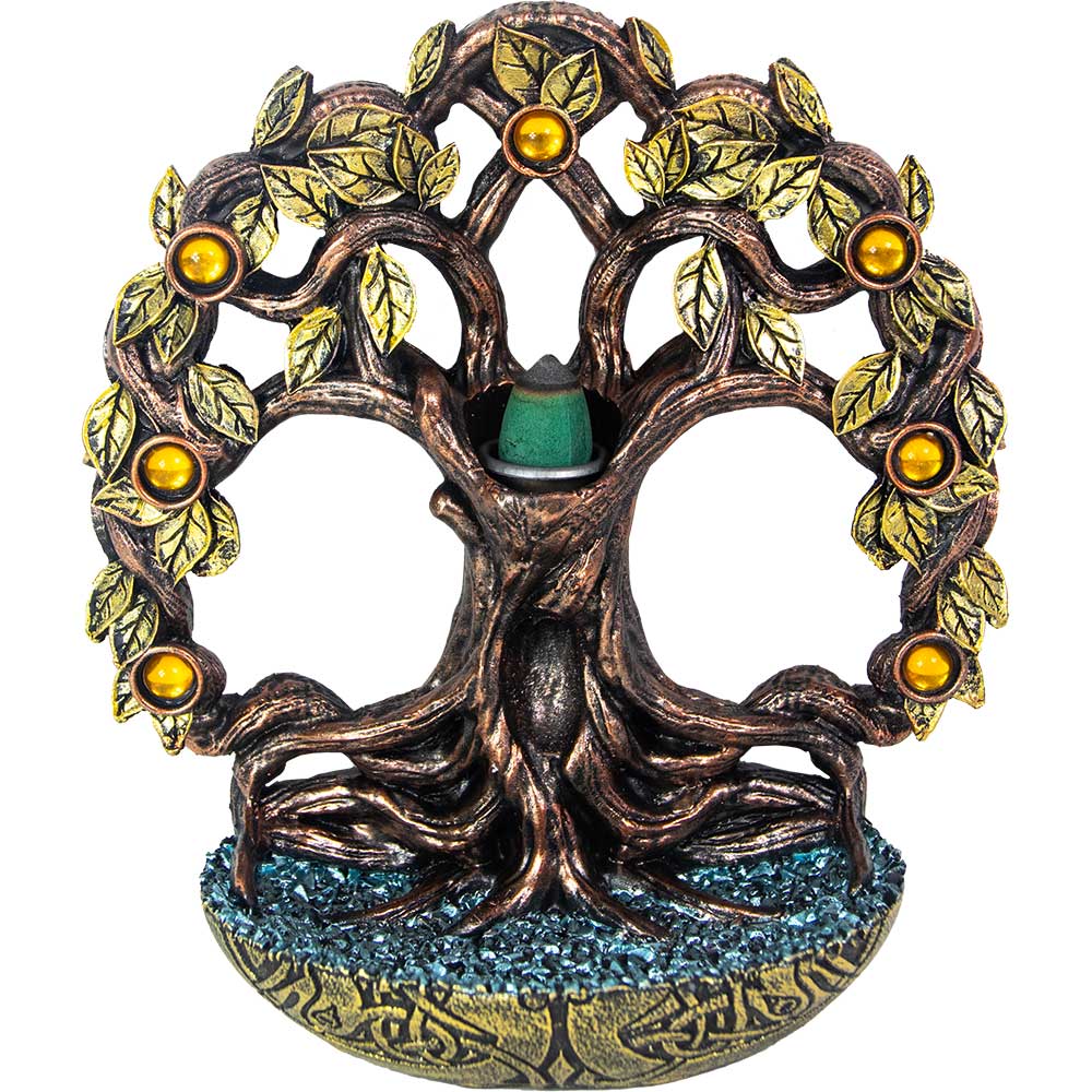 Polyresin Backflow Incense Burner - Tree of Life w/ Gems