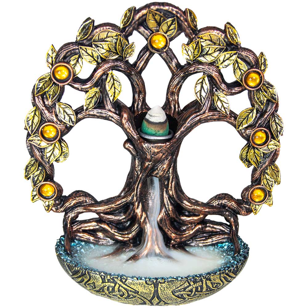 Polyresin Backflow Incense Burner - Tree of Life w/ Gems