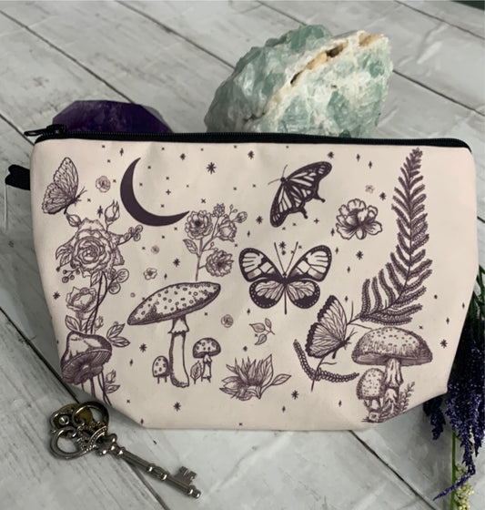 Zippper Pouch Bag- Butterflies and Mushrooms (White & Black)