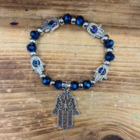 Glass Beads Elastic Bracelet with Evil Eye, Fatima hand