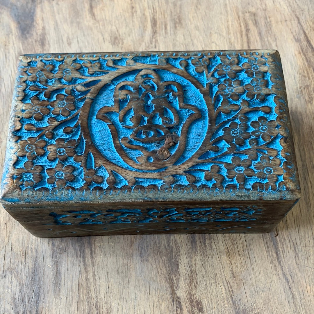 Hand of Fatima / Hamsa Wooden Box w/ blue