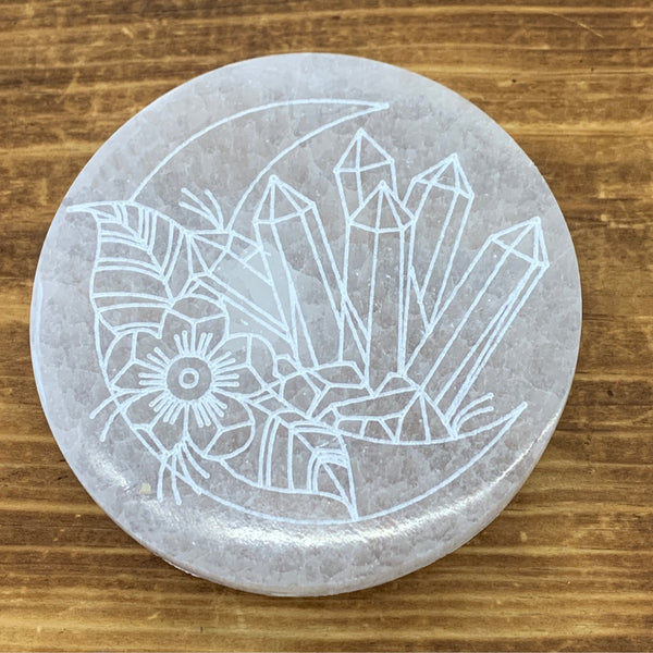 Selenite Charging Plate - etched, crystals and moon